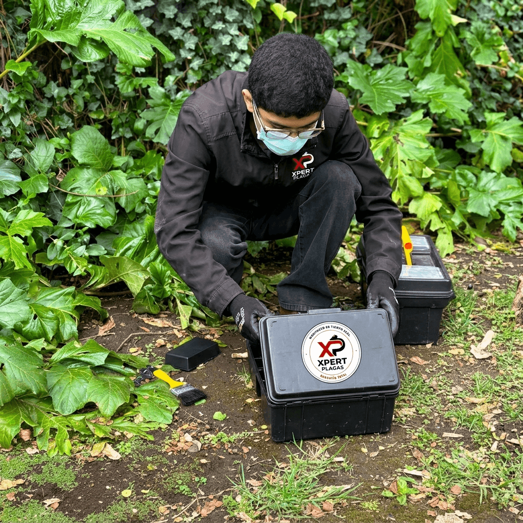 Técnico en jardín abriendo caja negra de Xpert Plagas con el logo visible